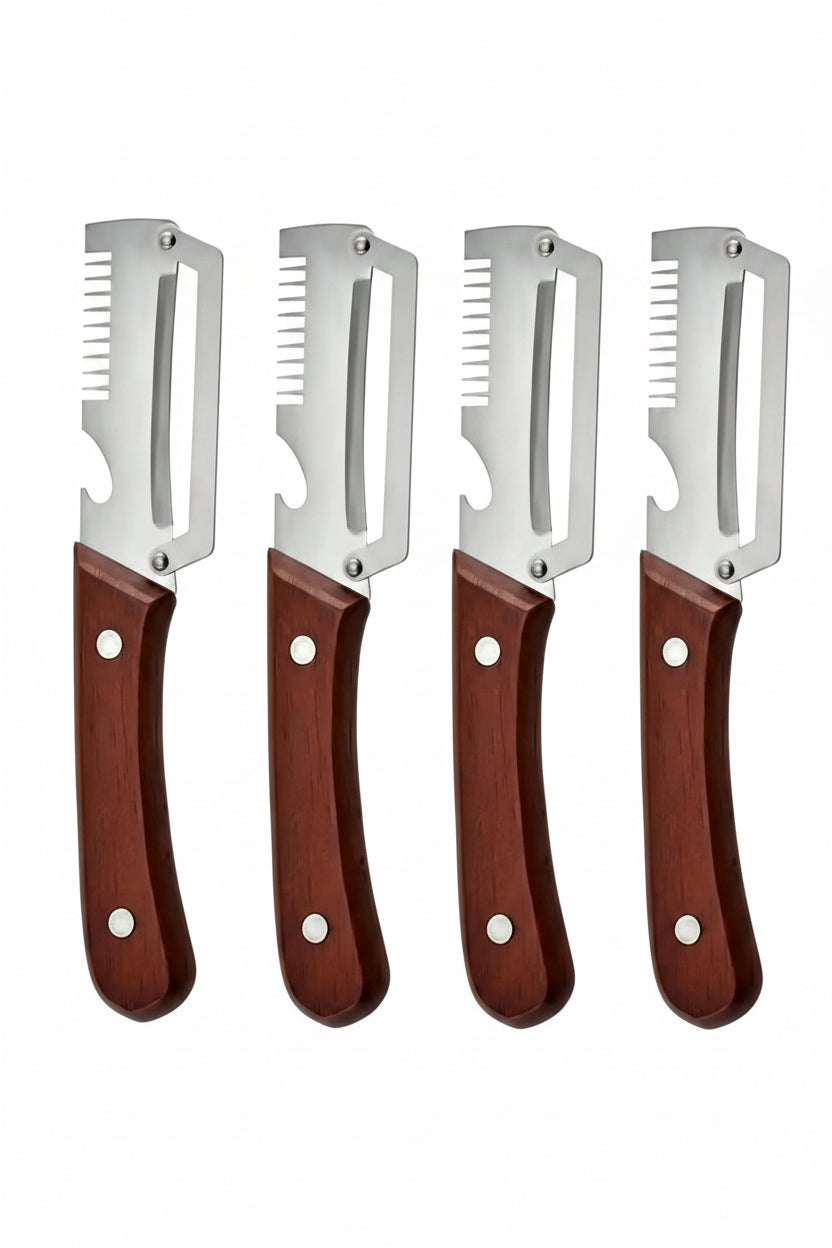 Premium Obst- & Gemüseschäler Set – 2 Stück mit Holzgriff, scharfer Edelstahlklinge und integriertem Flaschenöffner.