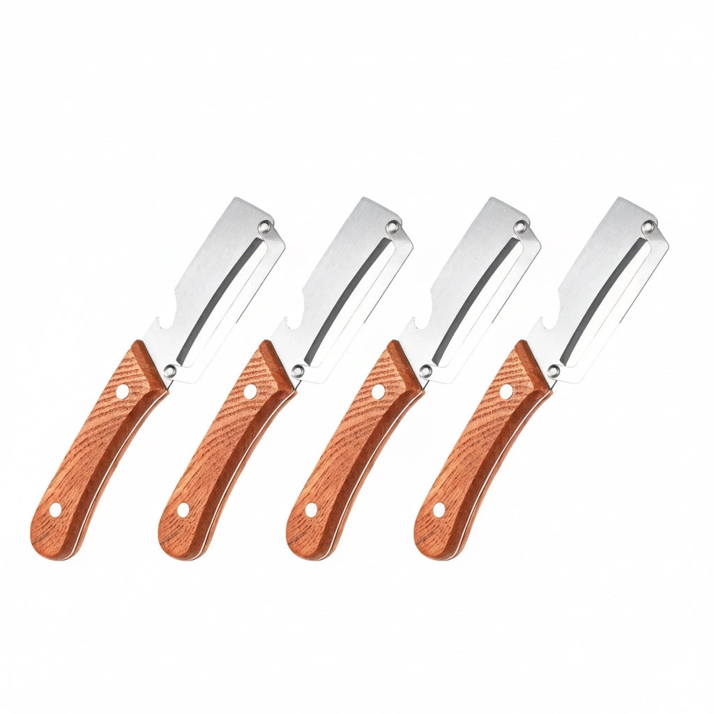 Premium Obst- & Gemüseschäler Set – 2 Stück mit Holzgriff, scharfer Edelstahlklinge und integriertem Flaschenöffner.