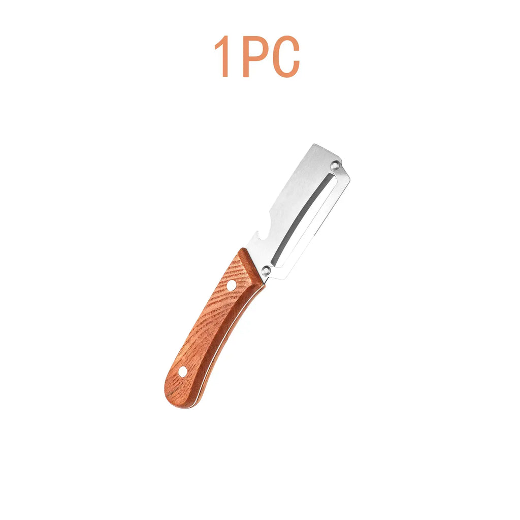 Premium Obst- & Gemüseschäler mit ergonomischem Holzgriff und integriertem Flaschenöffner – scharfe Edelstahlklinge für Kürbis, Kartoffeln, Äpfel und mehr...