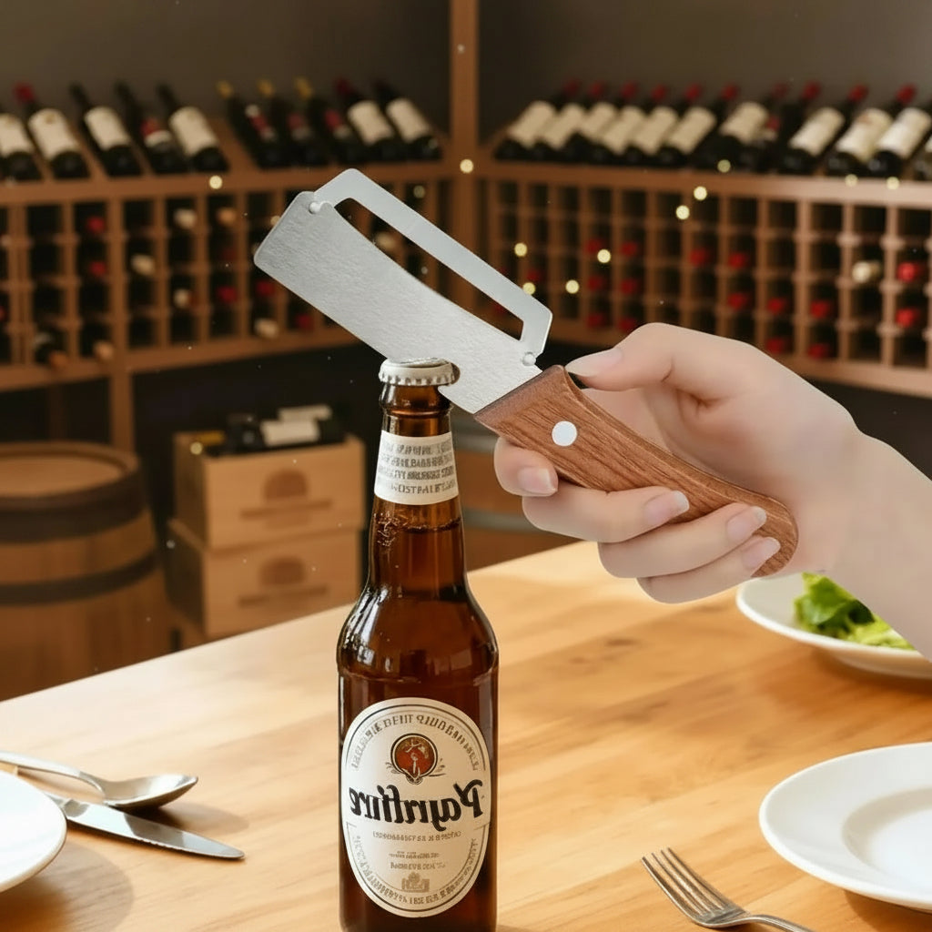 Premium Obst- & Gemüseschäler mit Holzgriff, scharfer Edelstahlklinge und integriertem Flaschenöffner.