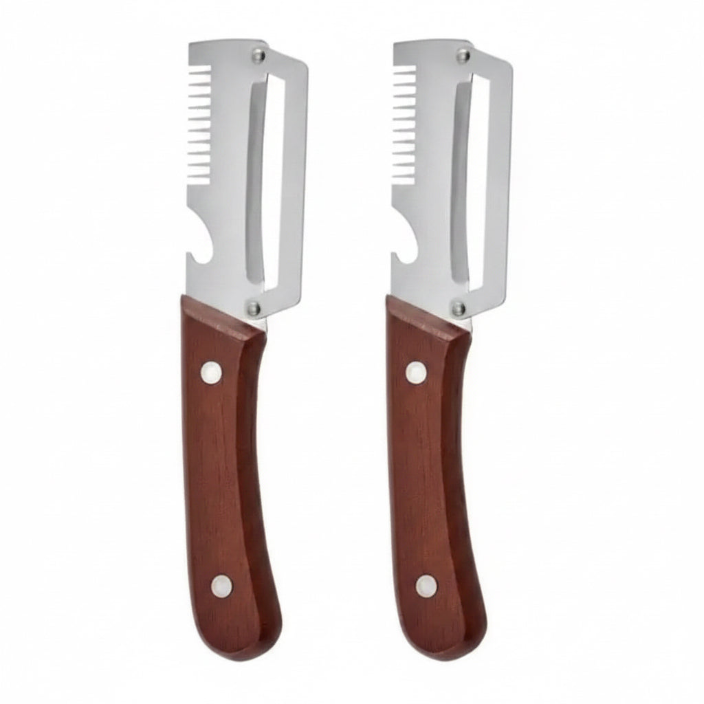 Premium Obst- & Gemüseschäler Set – 2 Stück mit Holzgriff, scharfer Edelstahlklinge und integriertem Flaschenöffner.