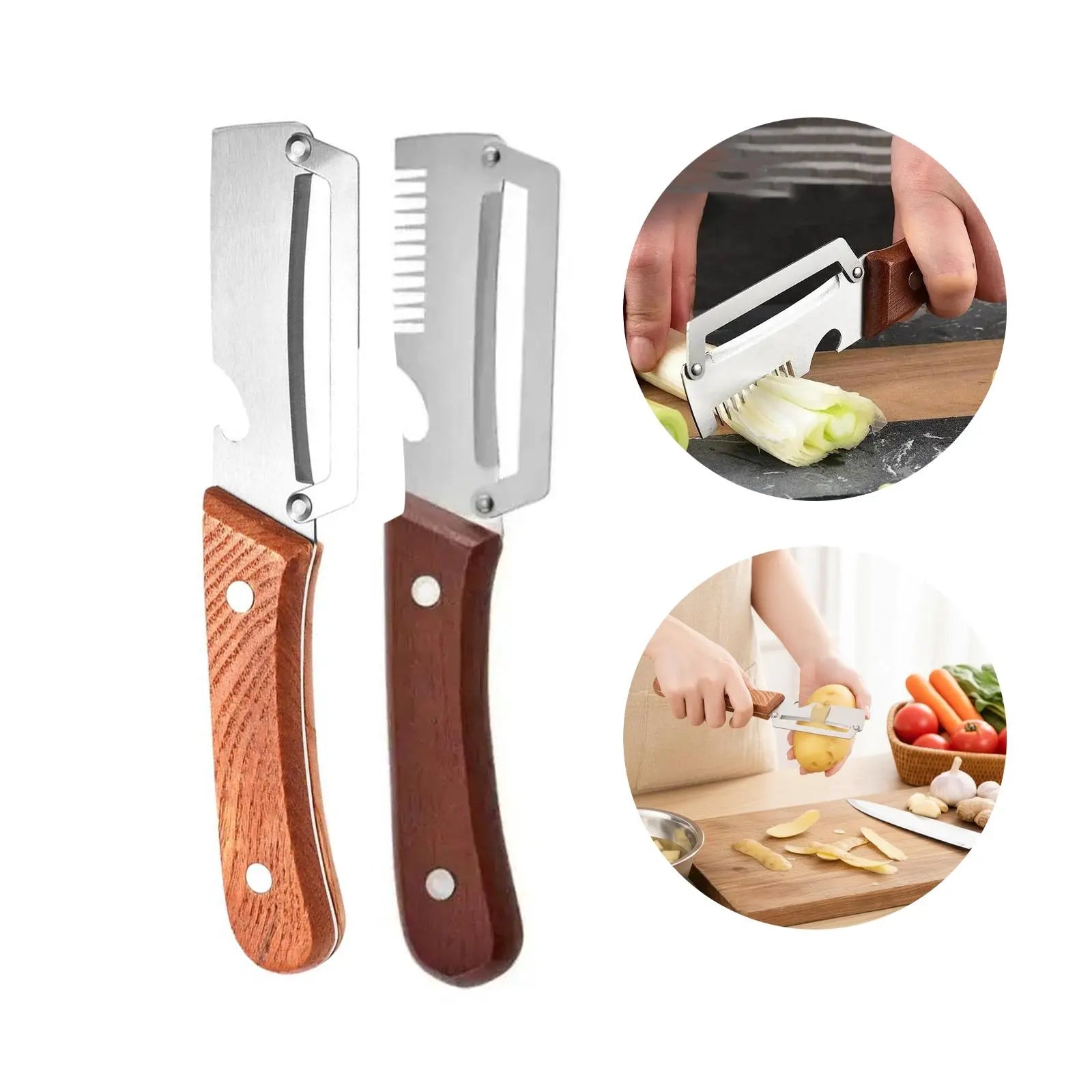 Premium Obst- & Gemüseschäler mit Holzgriff, scharfer Edelstahlklinge und integriertem Flaschenöffner.