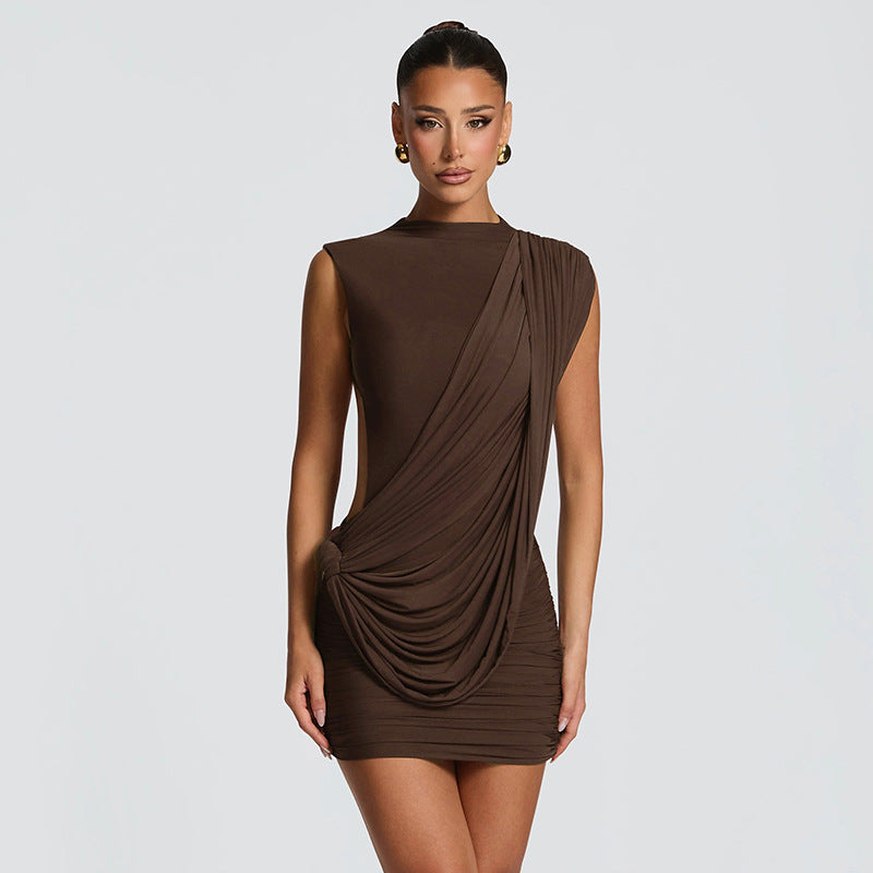 Damen Sommerkleid – Einfarbig, Ärmellos mit Asymmetrischem Bändchen-Detail