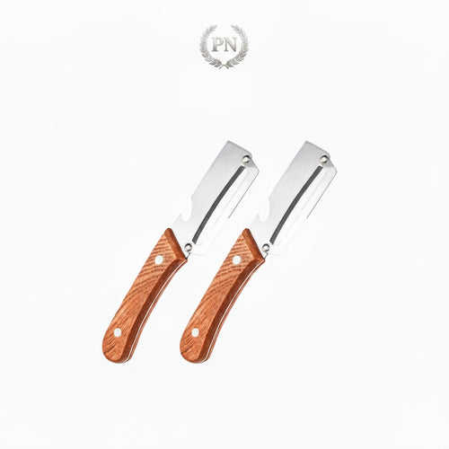 Premium Obst- & Gemüseschäler Set – 2 Stück mit Holzgriff, scharfer Edelstahlklinge und integriertem Flaschenöffner.