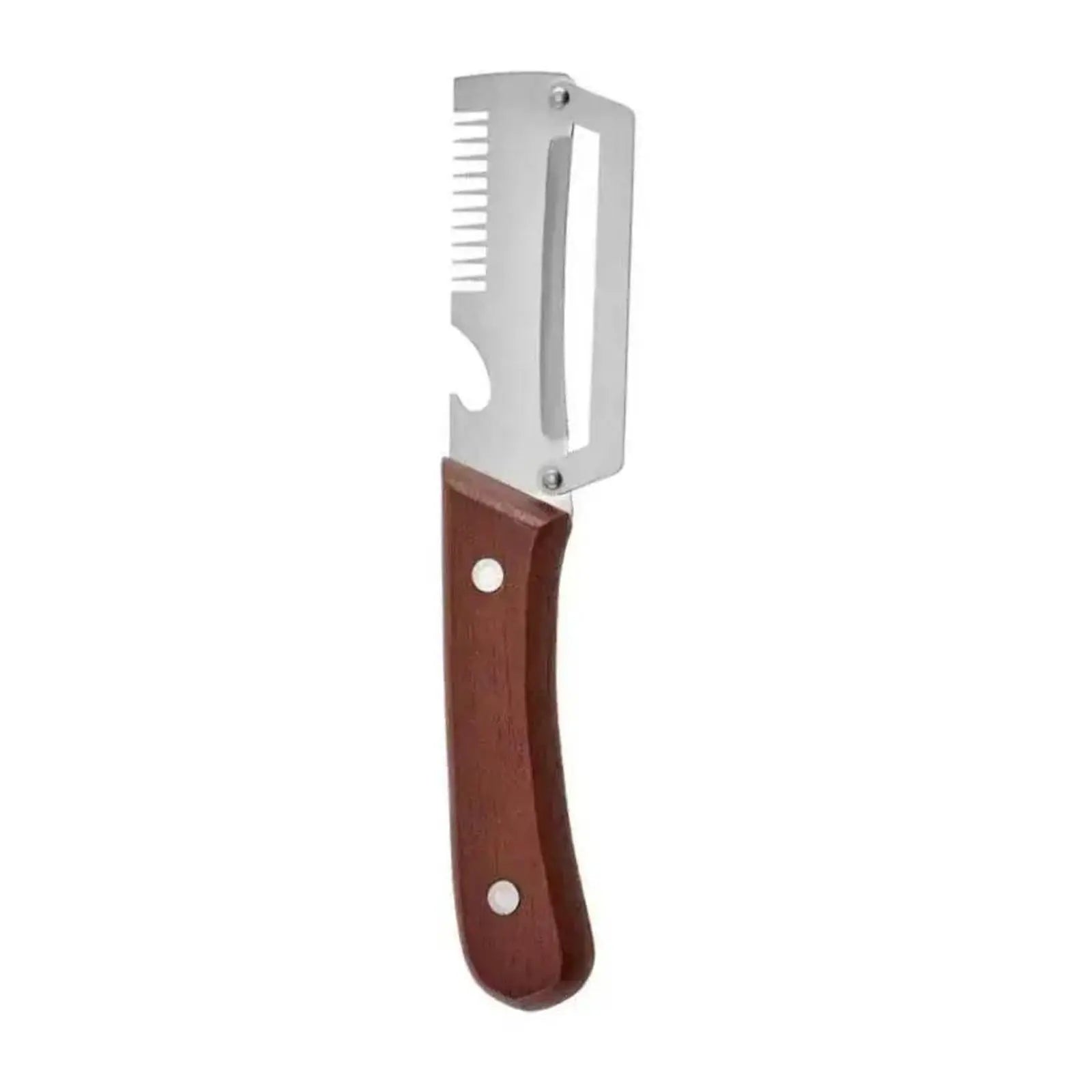 Premium Obst- & Gemüseschäler (gezackte Klinge) mit Holzgriff und Flaschenöffner – ideal für hartes Gemüse und dickschalige Früchte.