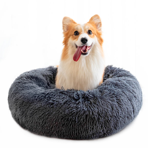 Kuscheliges Plüsch Donut Bett für Hunde und Katzen in grau.
